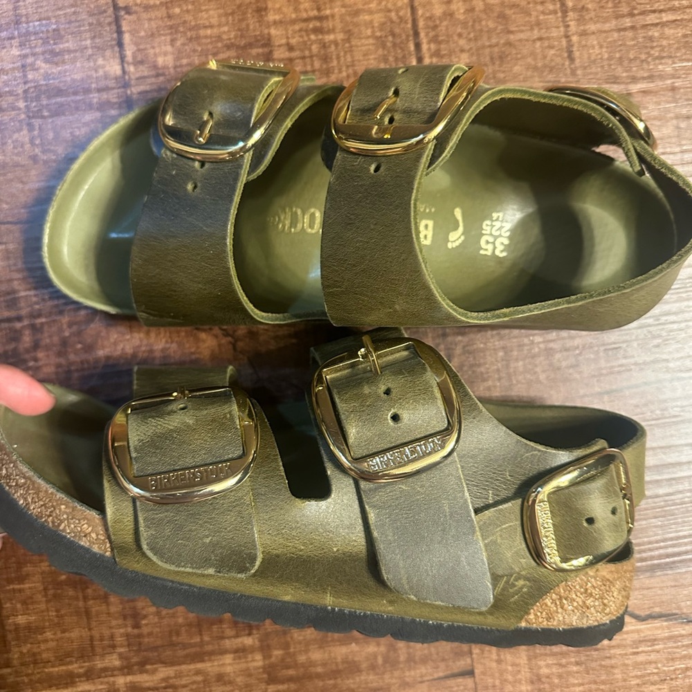 Birkenstock Olive Green Two-Strap Sandals with Gold Buckles